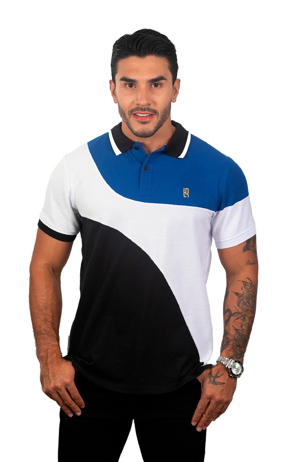grupo luthier frente  Camiseta tipo polo combinada para hombre color azul rey blanco negro