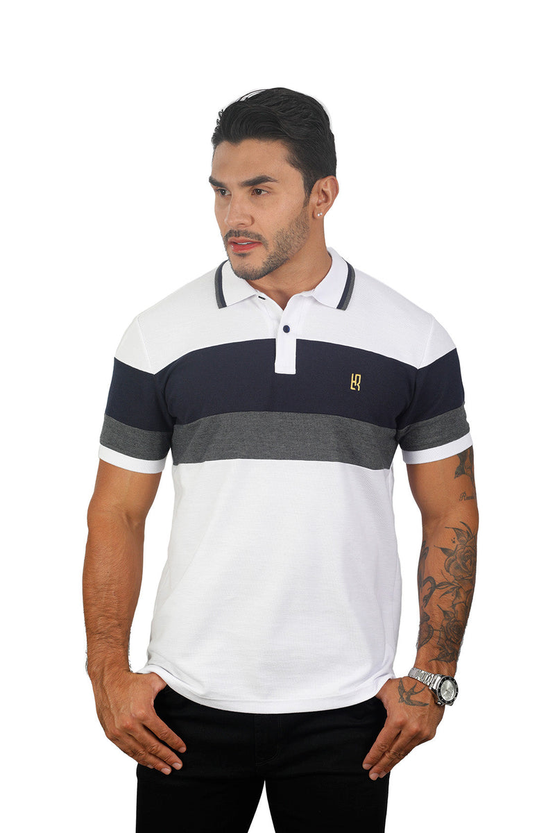 grupo luthier frente Camiseta tipo polo combinada para hombre color blanco azul oscuro cross