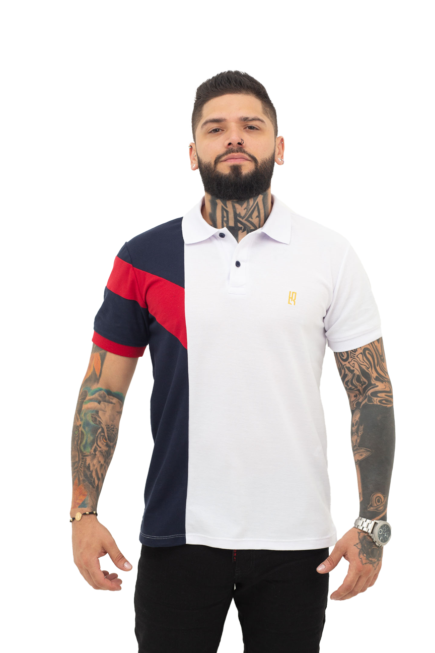 grupo luthier frente Camiseta tipo polo combinada para hombre color blanco azul oscuro rojo
