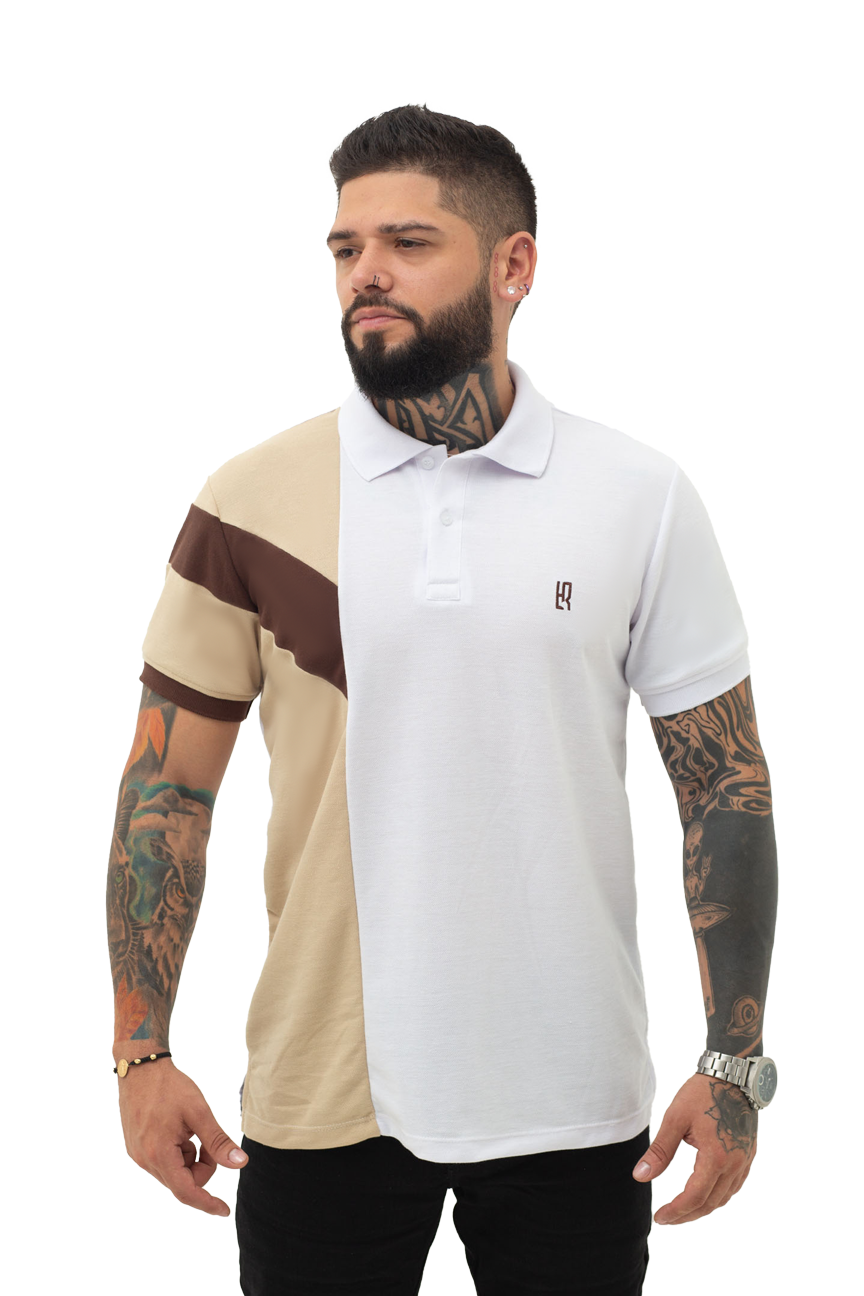 grupo luthier frente Camiseta tipo polo combinada para hombre color blanco caqui cafe