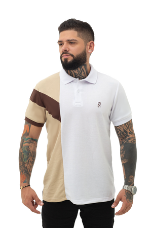 grupo luthier frente Camiseta tipo polo combinada para hombre color blanco caqui cafe