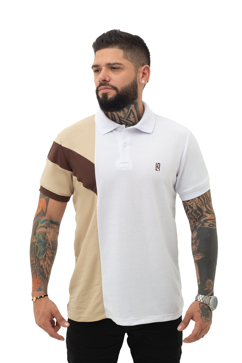 grupo luthier frente Camiseta tipo polo combinada para hombre color blanco caqui cafe