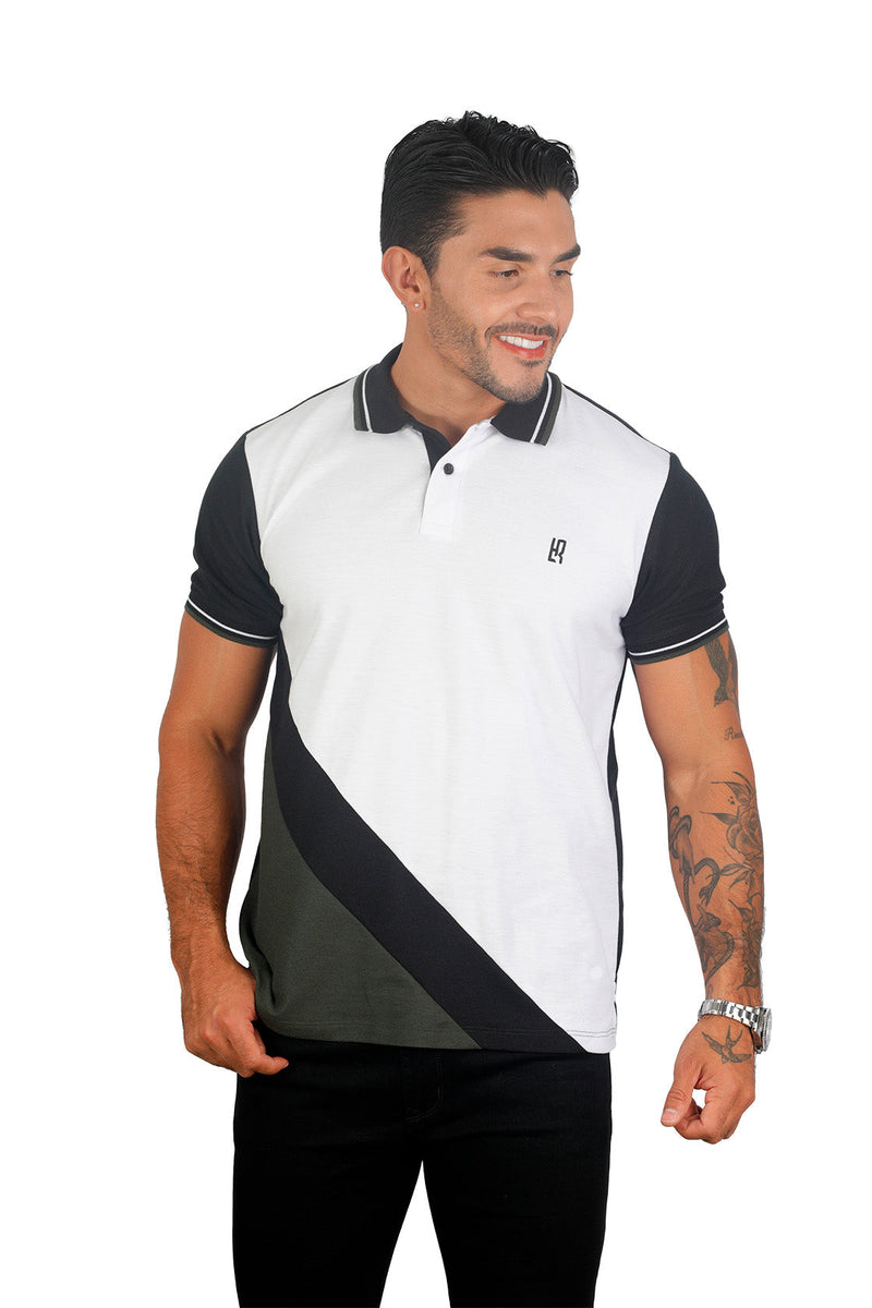 grupo luthier frente Camiseta tipo polo combinada para hombre color blanco negro militar