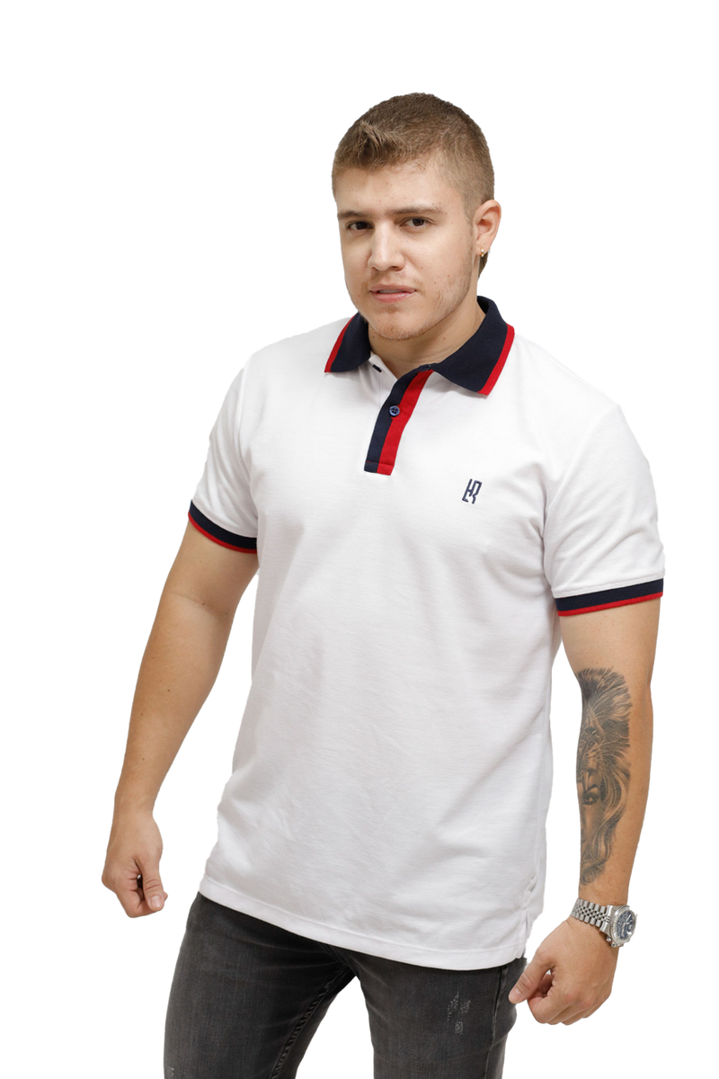 grupo luthier frente Camiseta tipo polo combinada para hombre color blanco rojo
