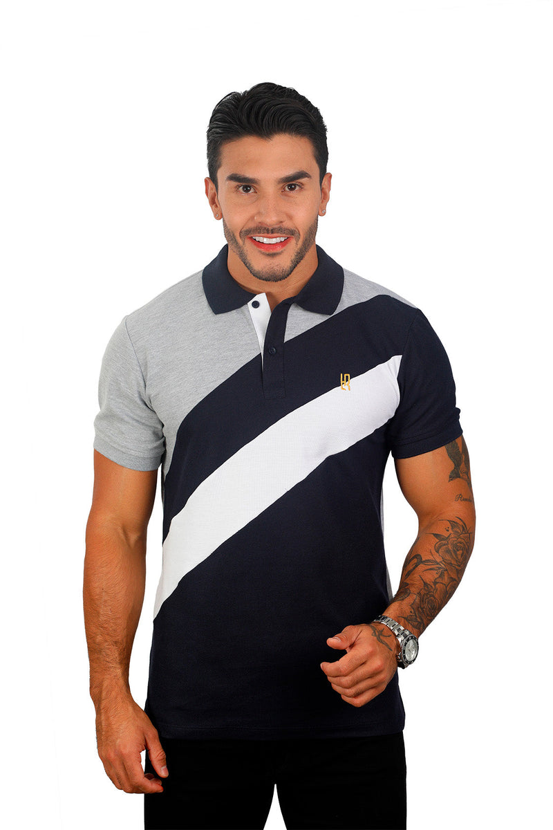 grupo luthier frente Camiseta tipo polo combinada para hombre color jaspe azul oscuro blanco