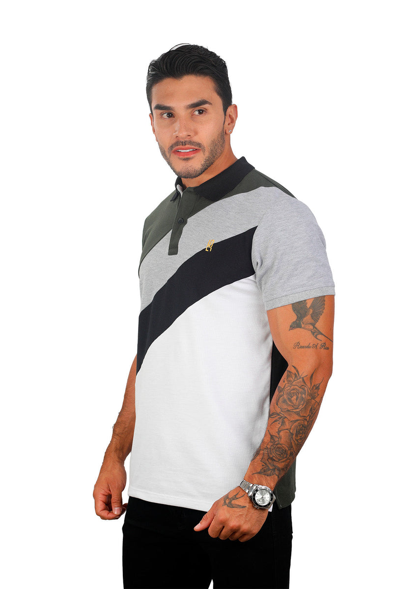 grupo luthier frente Camiseta tipo polo combinada para hombre color militar jaspe negro blanco