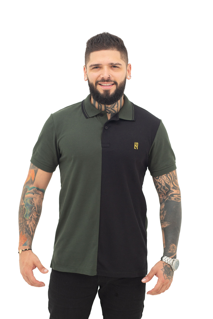 grupo luthier frente Camiseta tipo polo combinada para hombre color militar negro