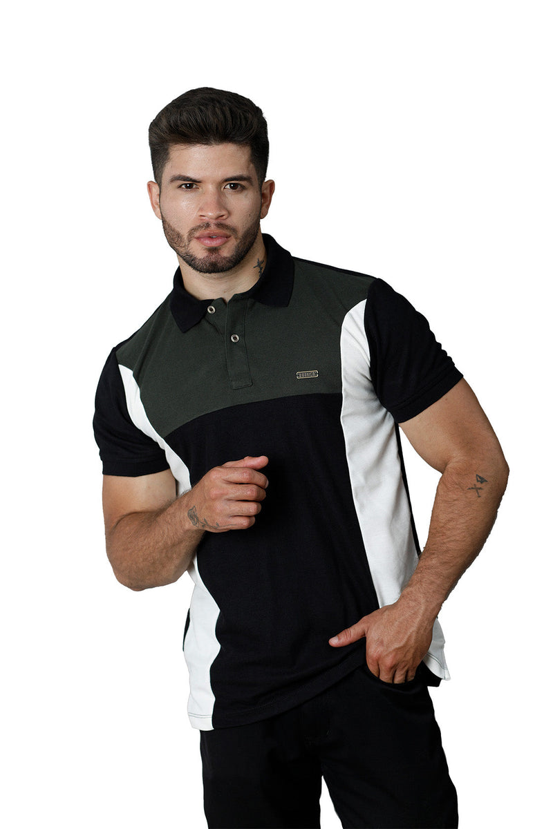 grupo luthier frente Camiseta tipo polo combinada para hombre color militar negro marfil