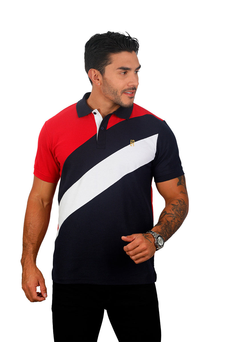 grupo luthier frente Camiseta tipo polo combinada para hombre color rojo azul oscuro blanco