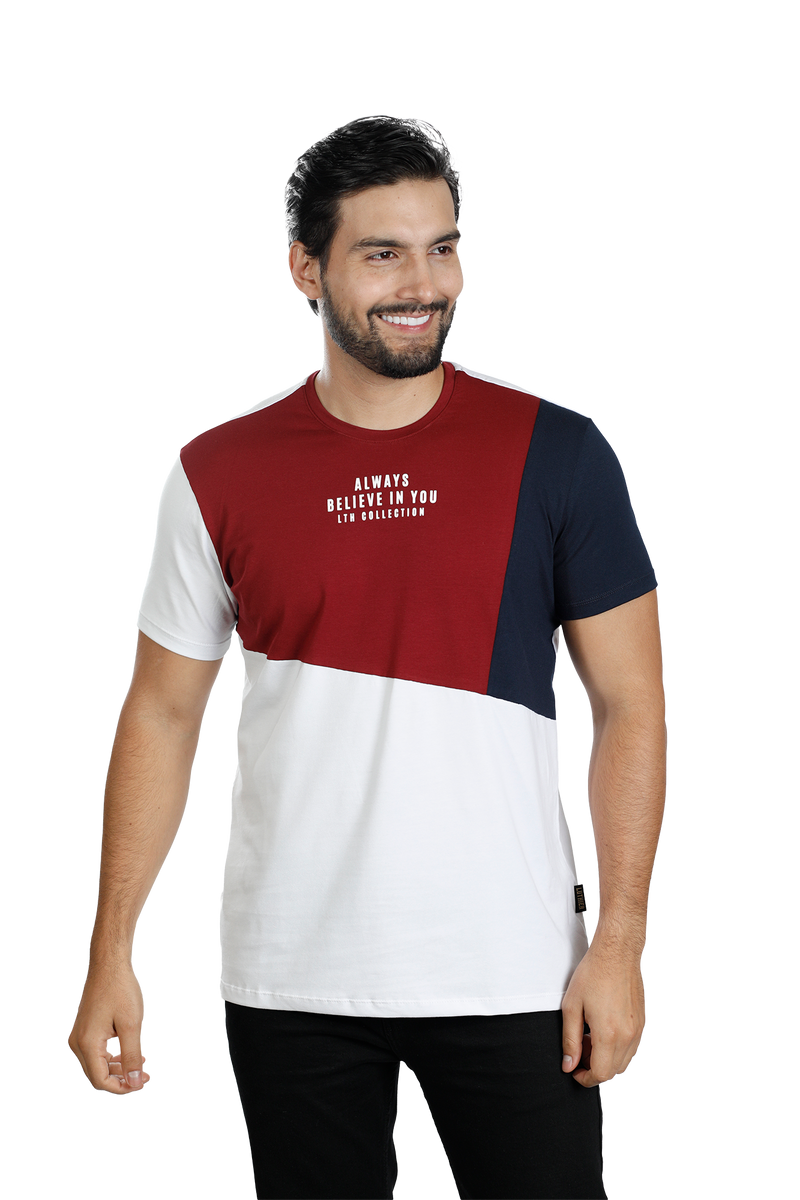 grupo luthier lado 1 Camiseta cuello redondo T-shirt para hombre combinada color Vinotinto azul oscuro blanco