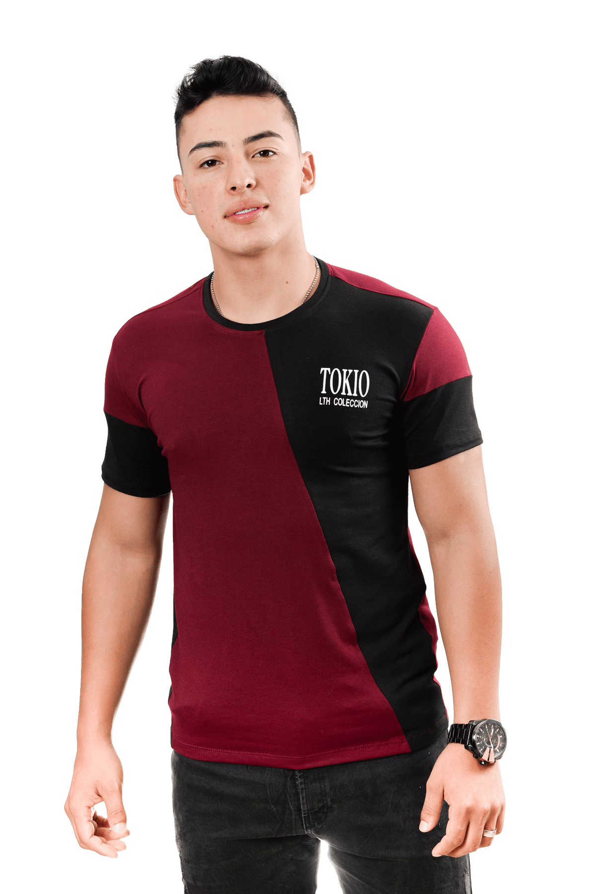 grupo luthier lado 1 Camiseta cuello redondo T-shirt para hombre combinada color Vinotinto negro