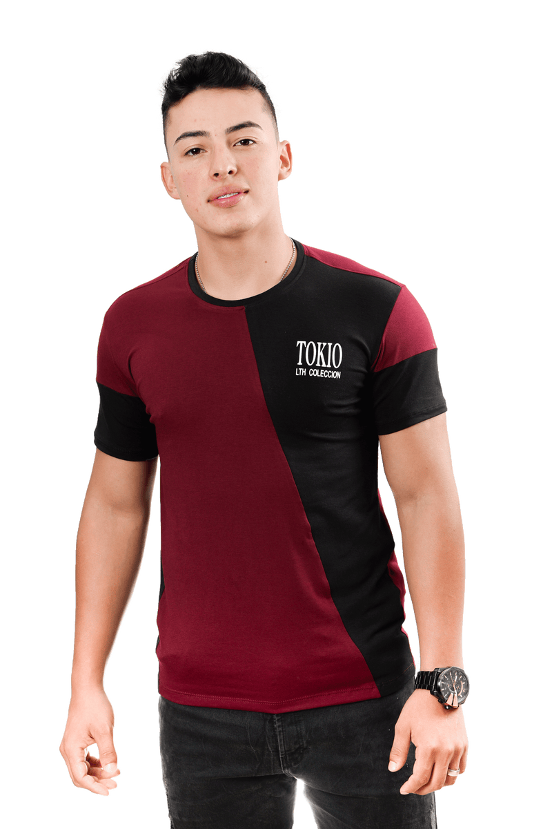 grupo luthier lado 1 Camiseta cuello redondo T-shirt para hombre combinada color Vinotinto negro