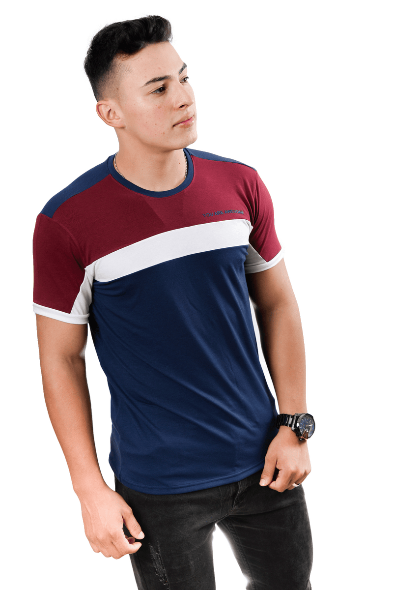 grupo luthier lado 1 Camiseta cuello redondo T-shirt para hombre combinada color azul oscuro Vinotinto blanco