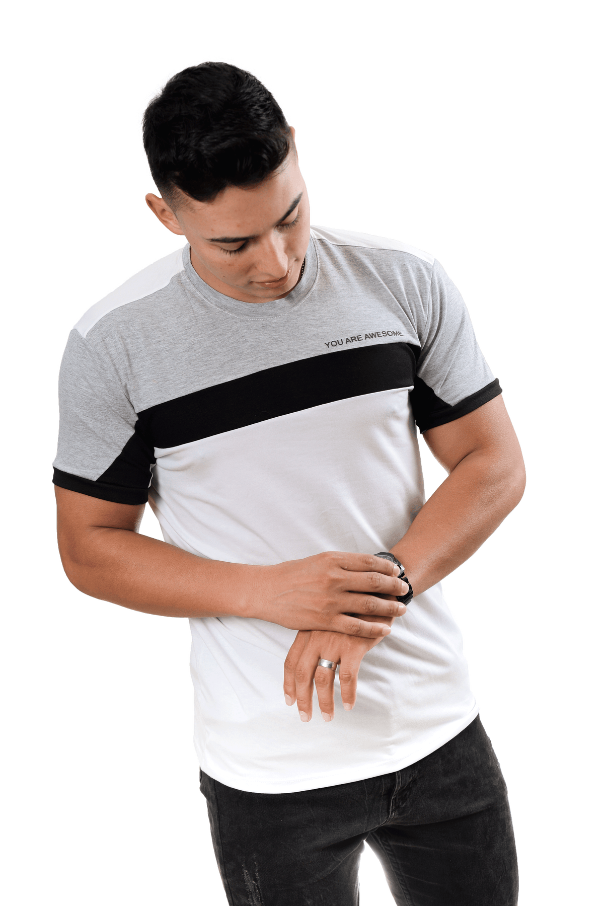 grupo luthier lado 1 Camiseta cuello redondo T-shirt para hombre combinada color blanco jaspe negro