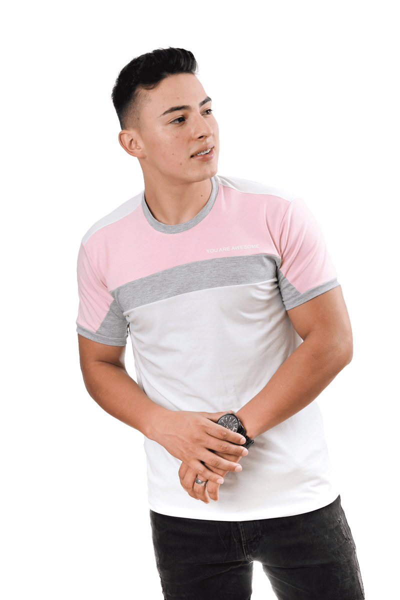 grupo luthier lado 1 Camiseta cuello redondo T-shirt para hombre combinada color blanco rosado jaspe