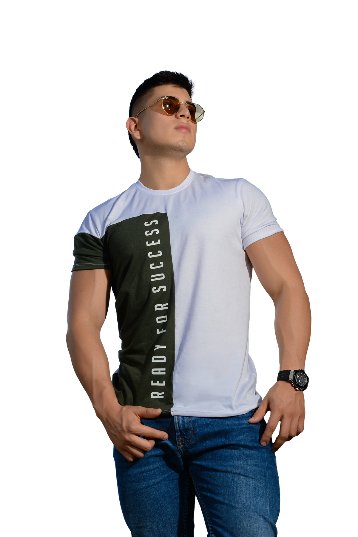 grupo luthier lado 1 Camiseta cuello redondo T-shirt para hombre combinada color blanco verde botella
