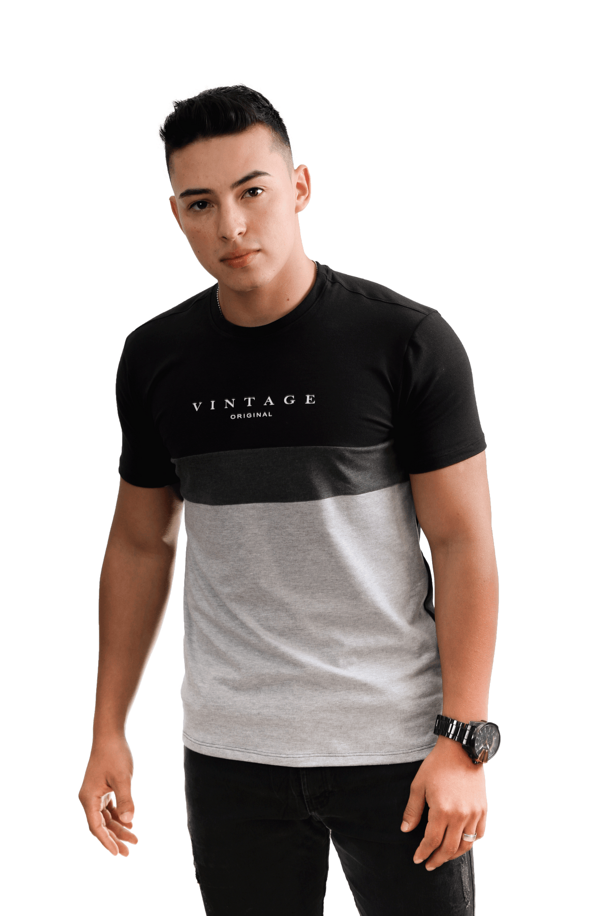 Camiseta cuello redondo T-shirt para hombre combingrupo luthier lado 1 Camiseta_cuello_redondo_T-shirt_para_hombre_combinada_color_negro_Cross_jaspeada color negro Cross jaspe 