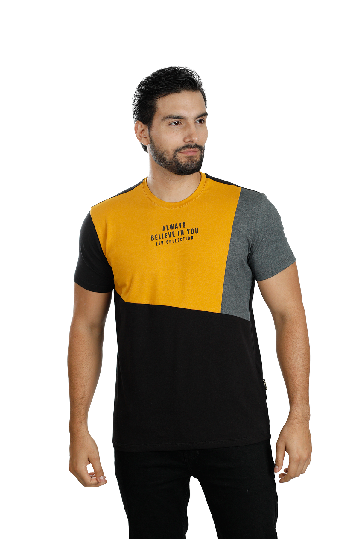 grupo luthier lado 1 Camiseta cuello redondo T-shirt para hombre combinada color ocre Cross negro
