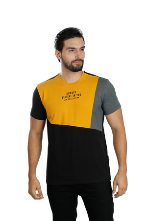 grupo luthier lado 1 Camiseta cuello redondo T-shirt para hombre combinada color ocre Cross negro