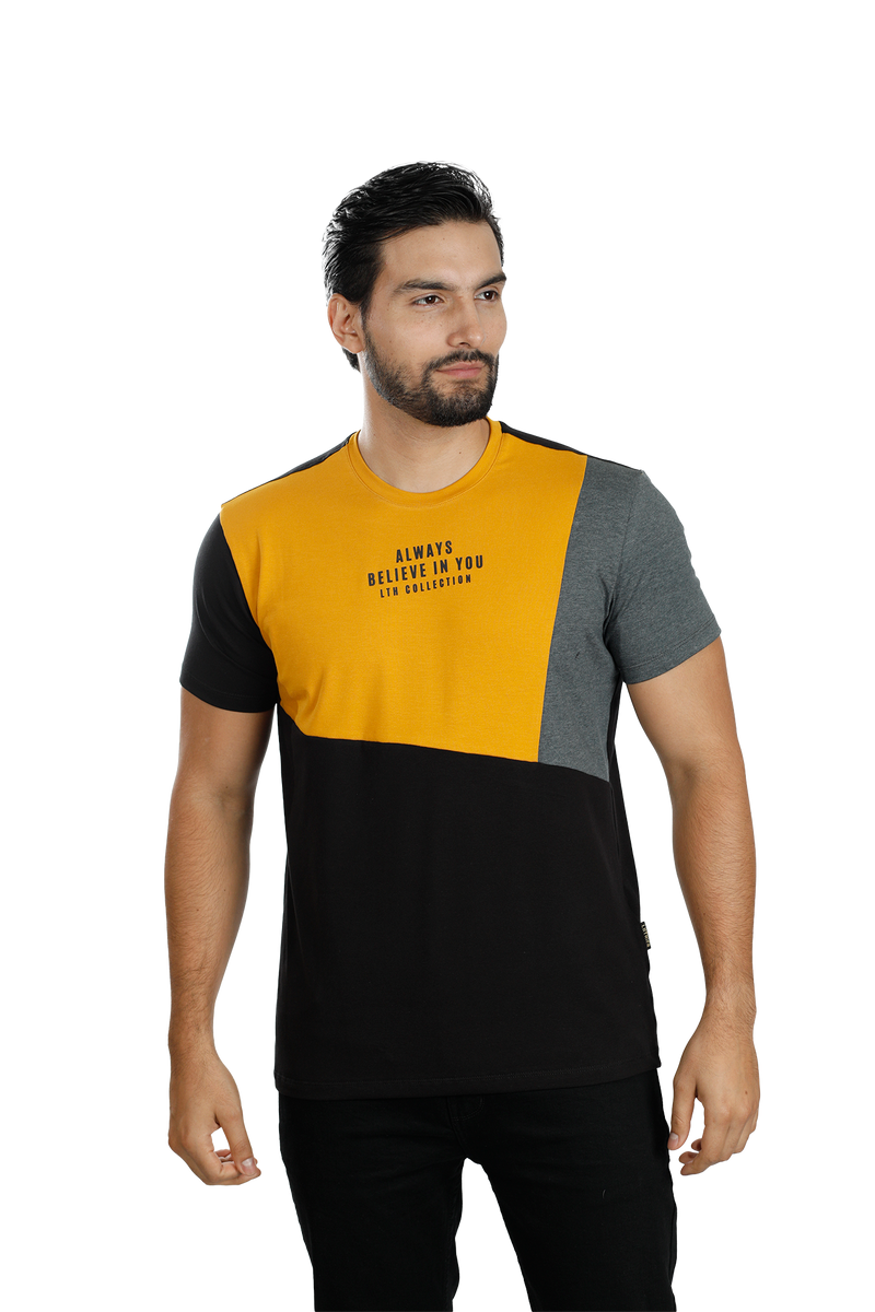 grupo luthier lado 1 Camiseta cuello redondo T-shirt para hombre combinada color ocre Cross negro