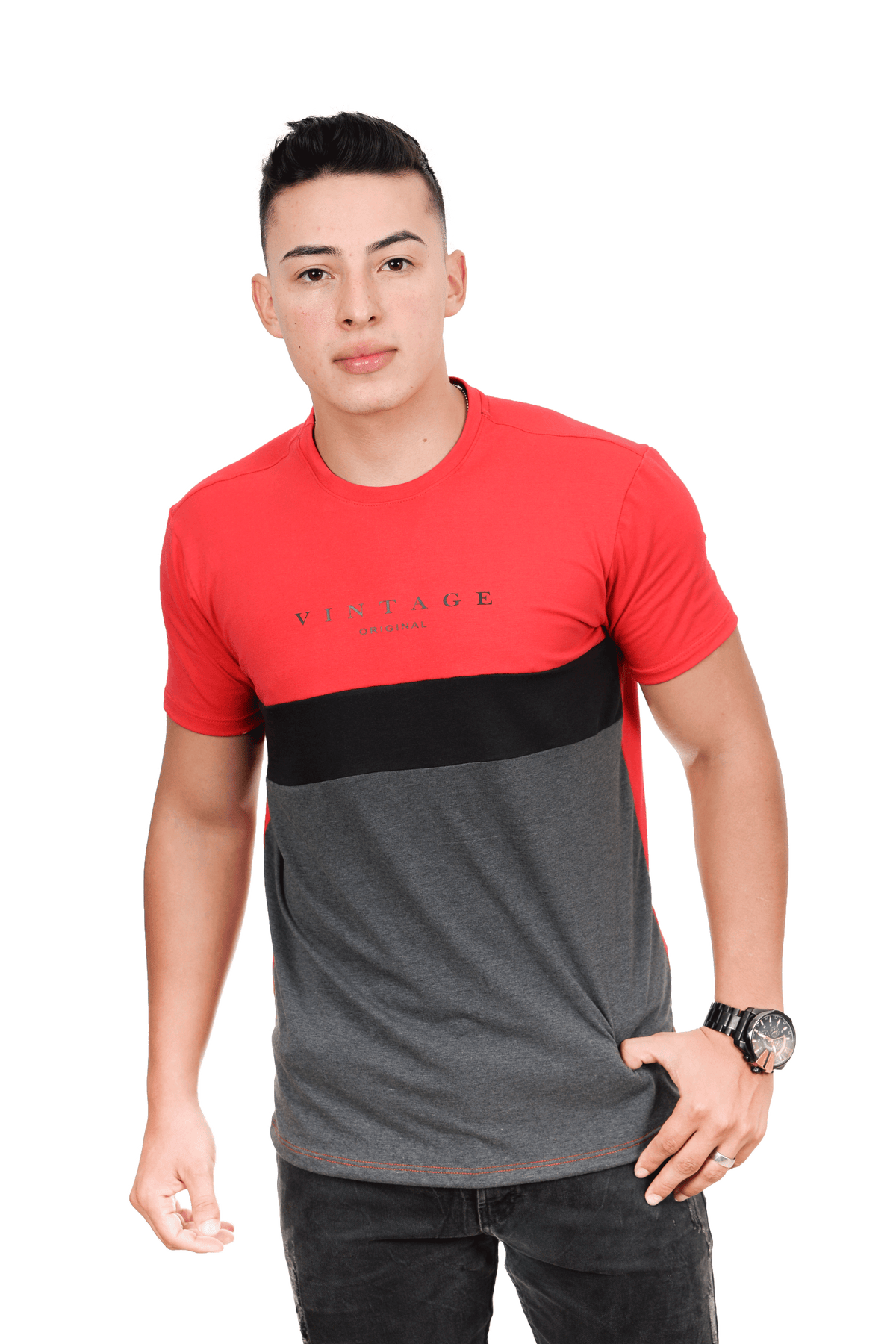 Camiseta cuello redondo T-shirt para hombre combinada color rojo negro grupo luthier lado 1 Camiseta cuello redondo T-shirt para hombre combinada color rojo negro Cross