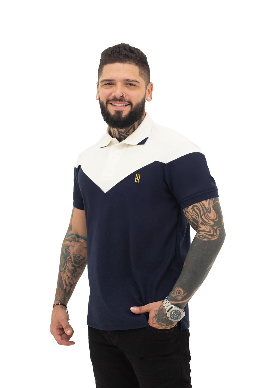 grupo luthier  lado 1 Camiseta tipo polo combinada para hombre color azul oscuro marfil
