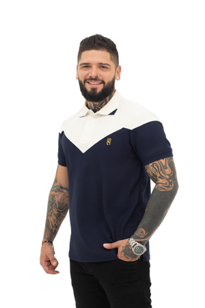 grupo luthier  lado 1 Camiseta tipo polo combinada para hombre color azul oscuro marfil