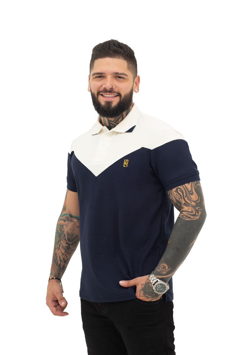 grupo luthier  lado 1 Camiseta tipo polo combinada para hombre color azul oscuro marfil