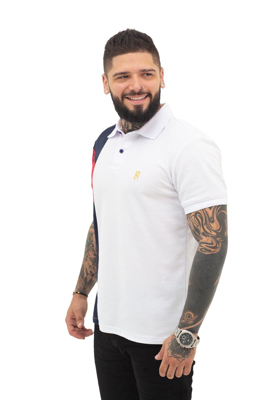 grupo luthier lado 1 Camiseta tipo polo combinada para hombre color blanco azul oscuro rojo