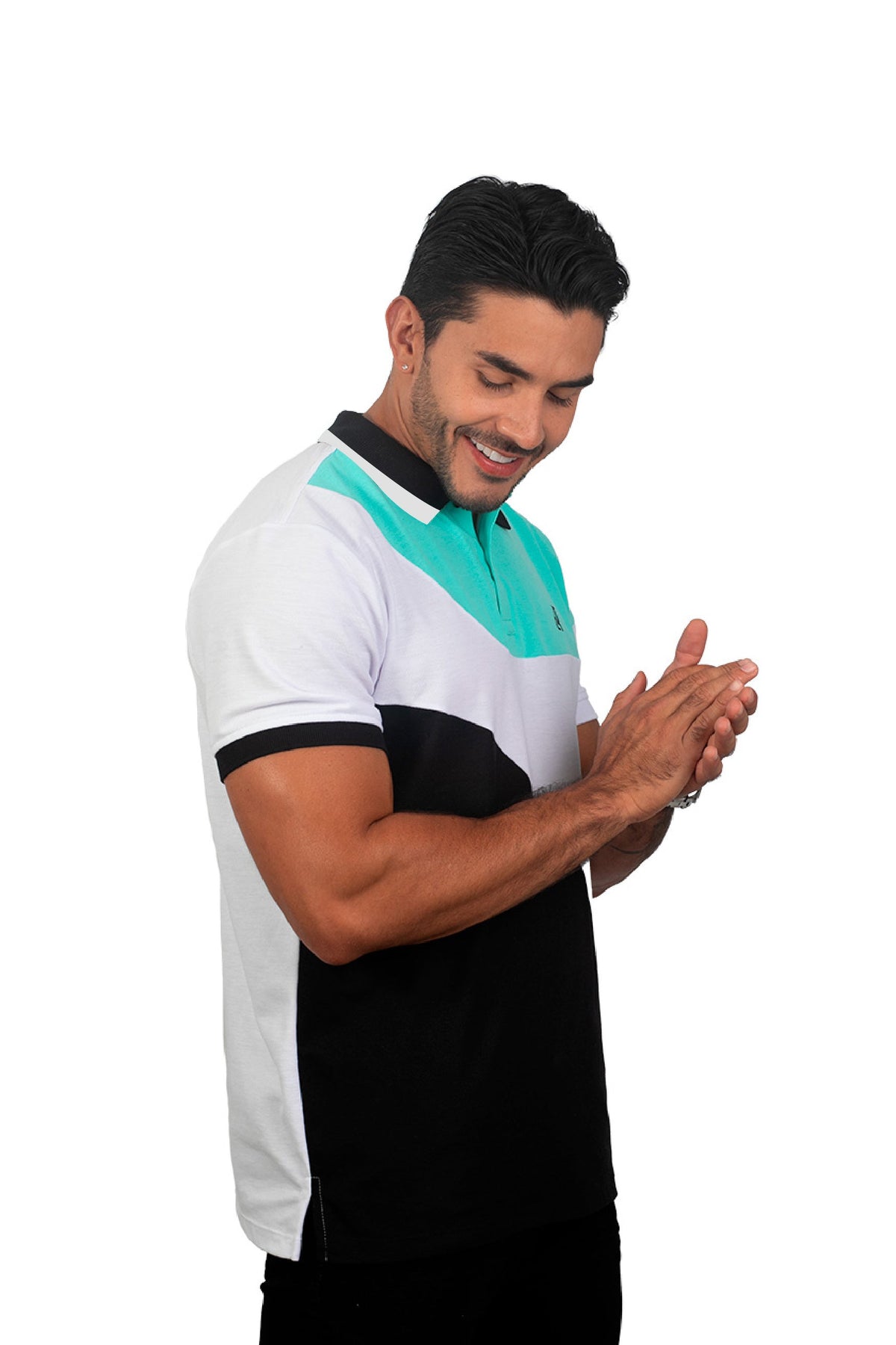 grupo luthier lado 1  Camiseta tipo polo combinada para hombre color menta blanco negro 