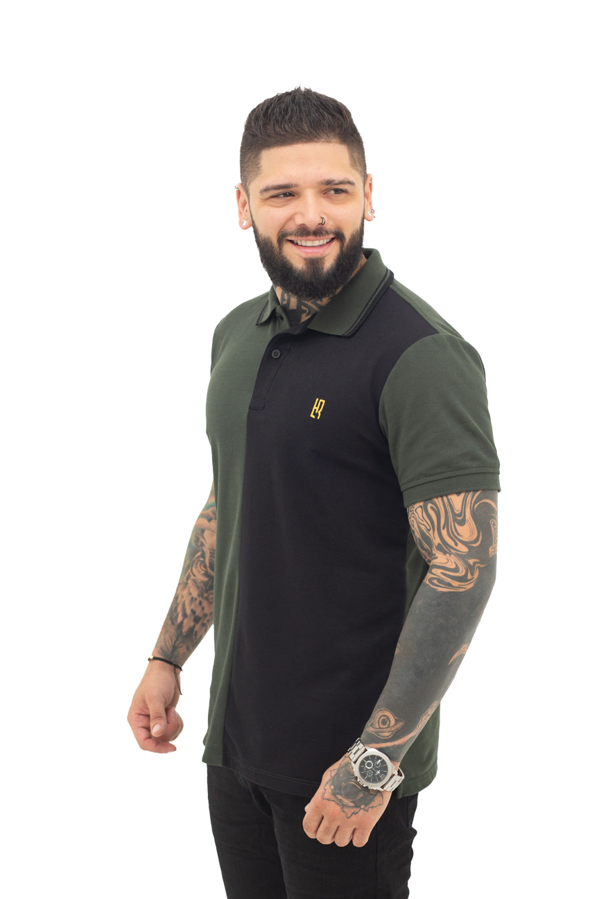 grupo luthier lado 1 Camiseta tipo polo combinada para hombre color militar negro
