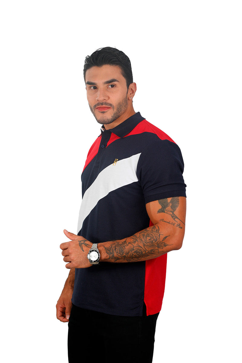grupo_luthier_frente_Camiseta_tipo_polo_combinada_para_hombre_color_rojo_azul_oscuro_blanco