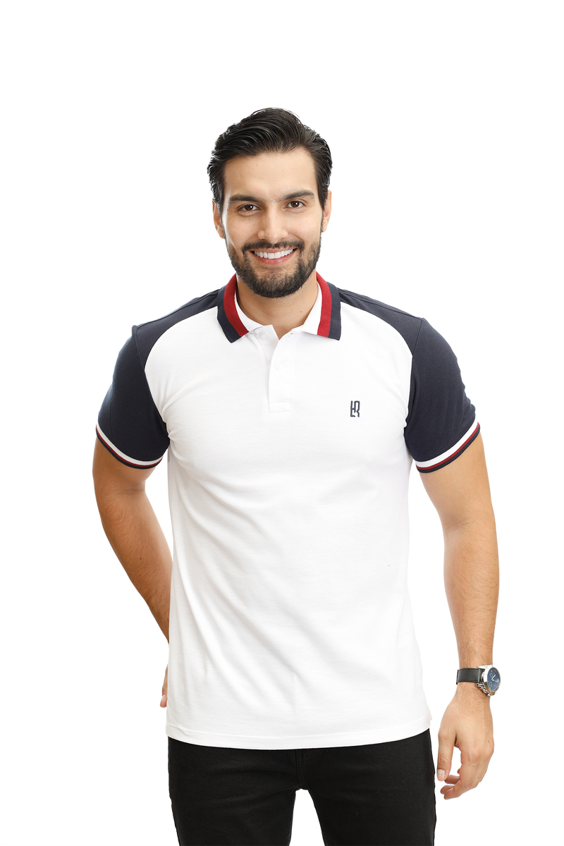 grupo luthier lado 1 camisetas tipo polo para hombre combinada color blanco azul oscuro 