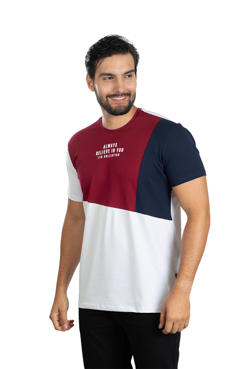 grupo luthier lado 2 Camiseta cuello redondo T-shirt para hombre combinada color Vinotinto azul oscuro blanco