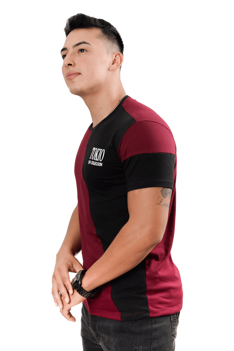 grupo luthier lado 2 Camiseta cuello redondo T-shirt para hombre combinada color Vinotinto negro