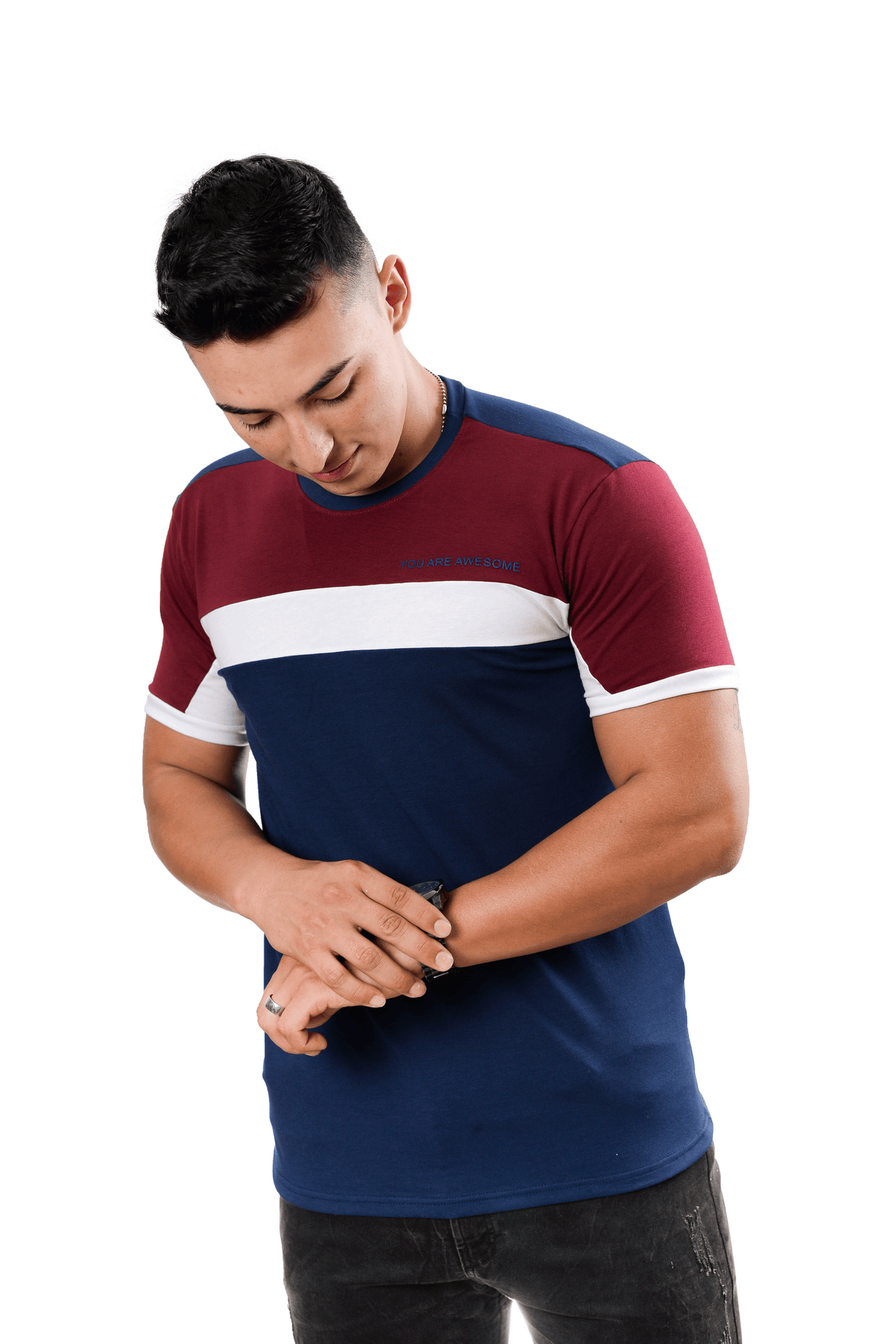 grupo luthier lado 2 Camiseta cuello redondo T-shirt para hombre combinada color azul oscuro Vinotinto blanco