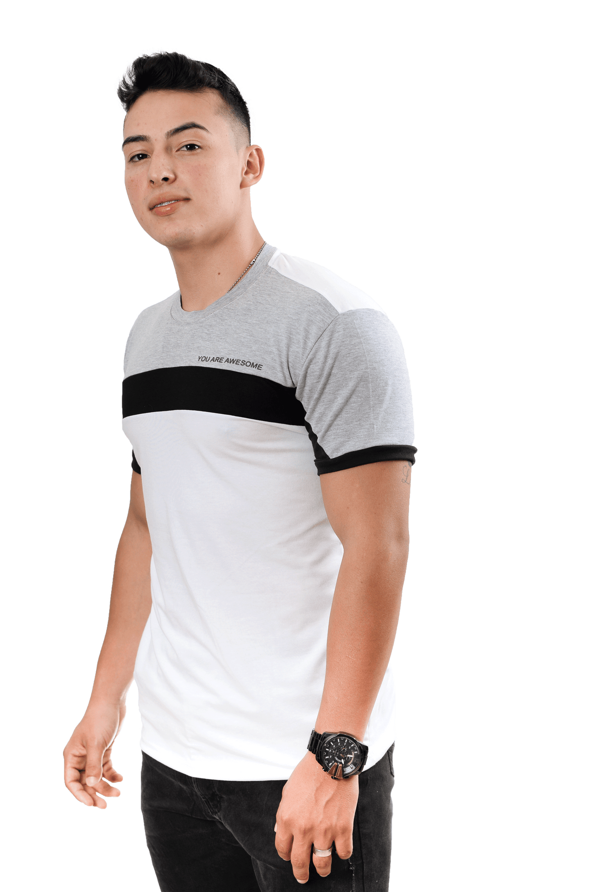 grupo luthier lado 2 Camiseta cuello redondo T-shirt para hombre combinada color blanco jaspe negro