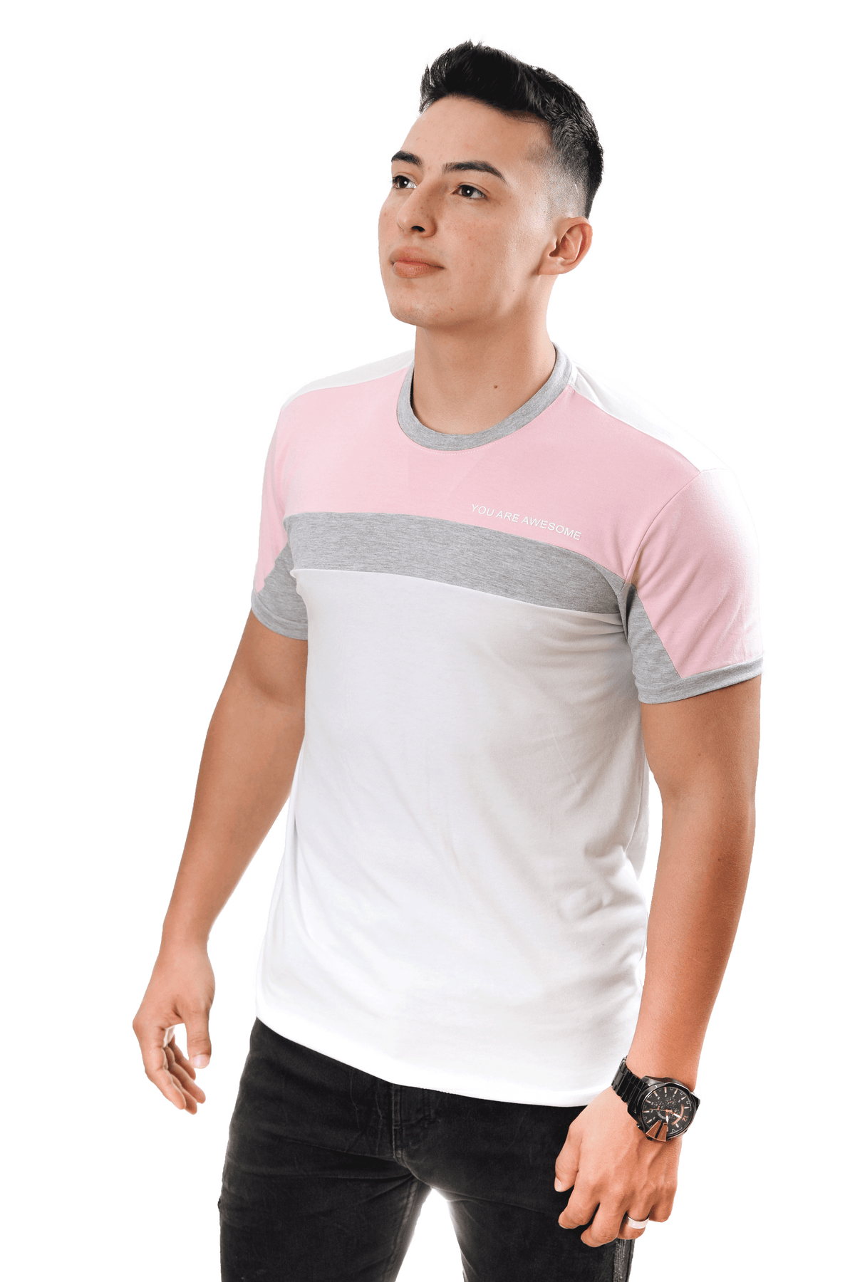 grupo luthier lado 2 Camiseta cuello redondo T-shirt para hombre combinada color blanco rosado jaspe