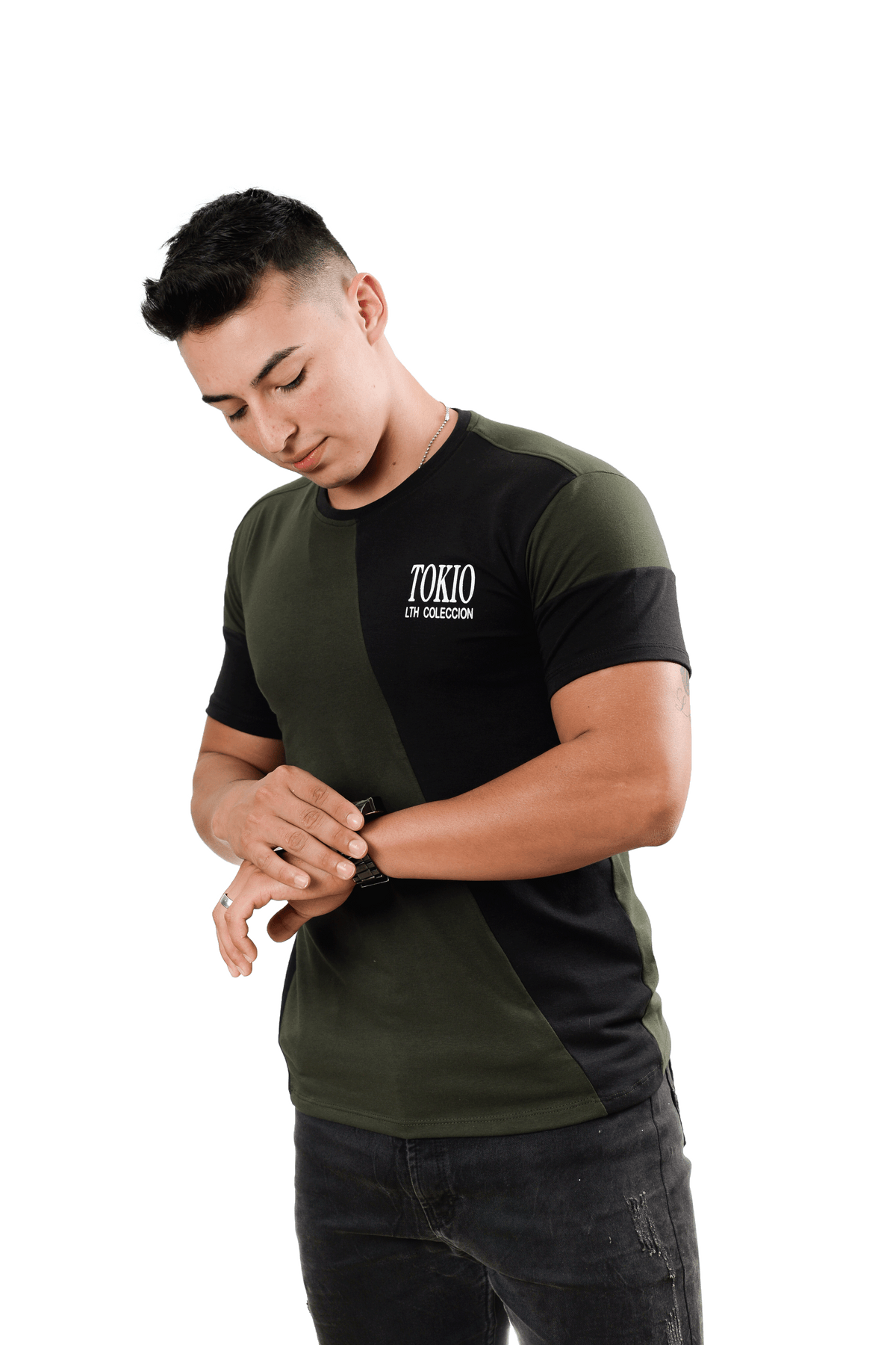 grupo luthier lado 2 Camiseta cuello redondo T-shirt para hombre combinada color botella negro