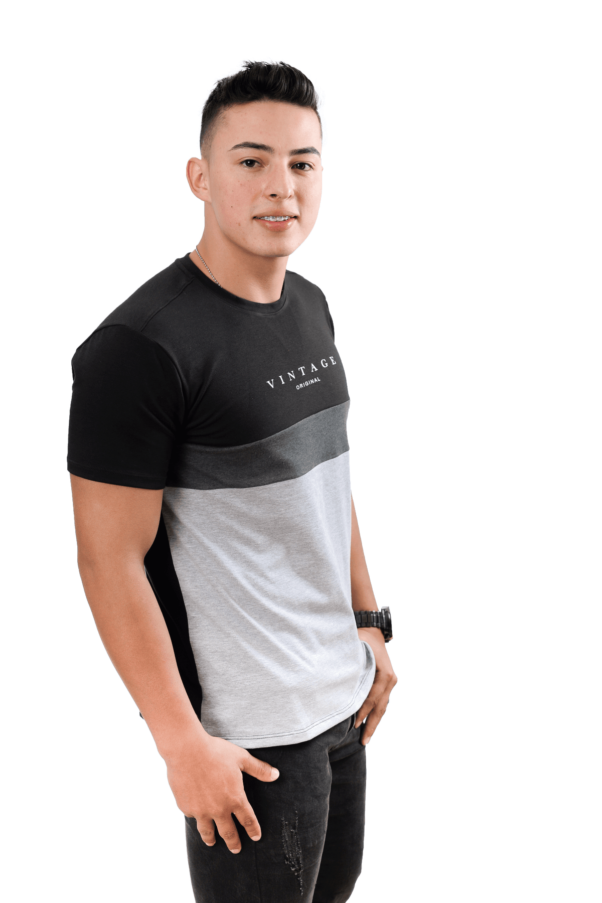 grupo luthier lado 2 Camiseta cuello redondo T-shirt para hombre combinada color negro Cross jaspe