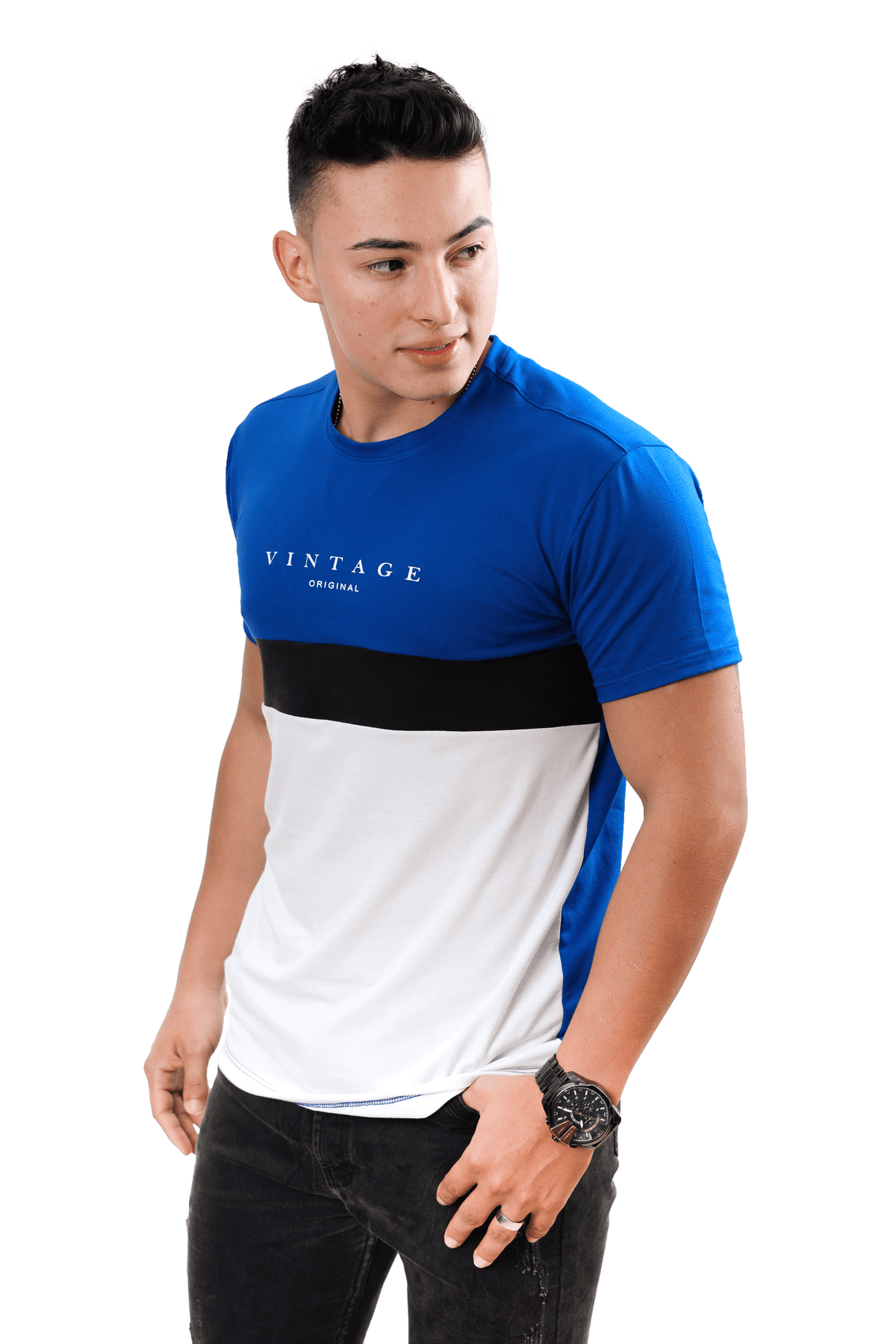 Camiseta cuello redondo T-shirt para hombre combinada color rey negro blanco lado 1grupo luthier lado 2 Camiseta cuello redondo T-shirt para hombre combinada color rey negro blanco