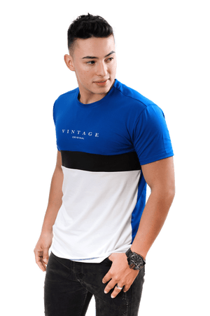 Camiseta cuello redondo T-shirt para hombre combinada color rey negro blanco lado 1grupo luthier lado 2 Camiseta cuello redondo T-shirt para hombre combinada color rey negro blanco