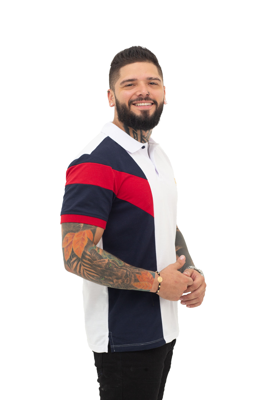 grupo luthier lado 2 Camiseta tipo polo combinada para hombre color blanco azul oscuro rojo