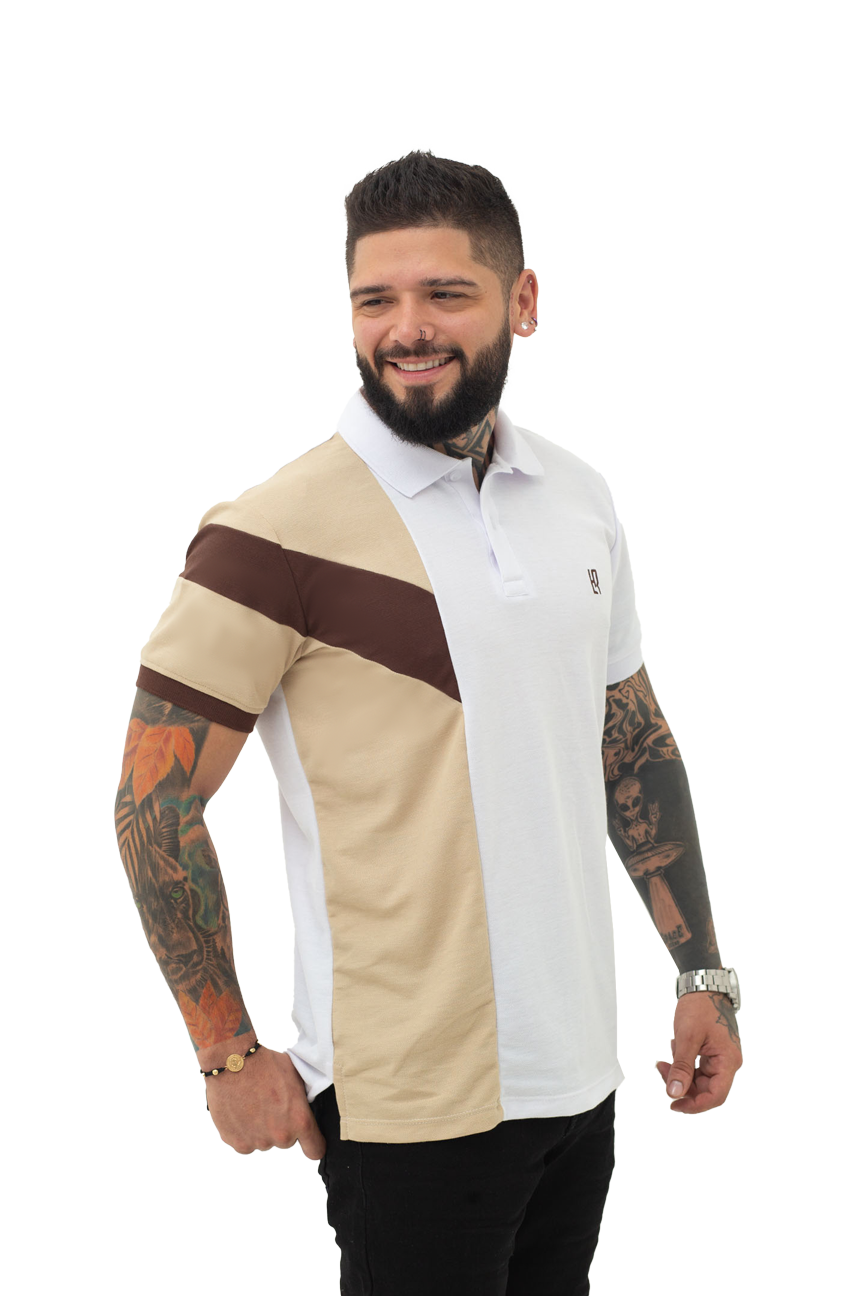 grupo luthier lado 2 Camiseta tipo polo combinada para hombre color blanco caqui cafe