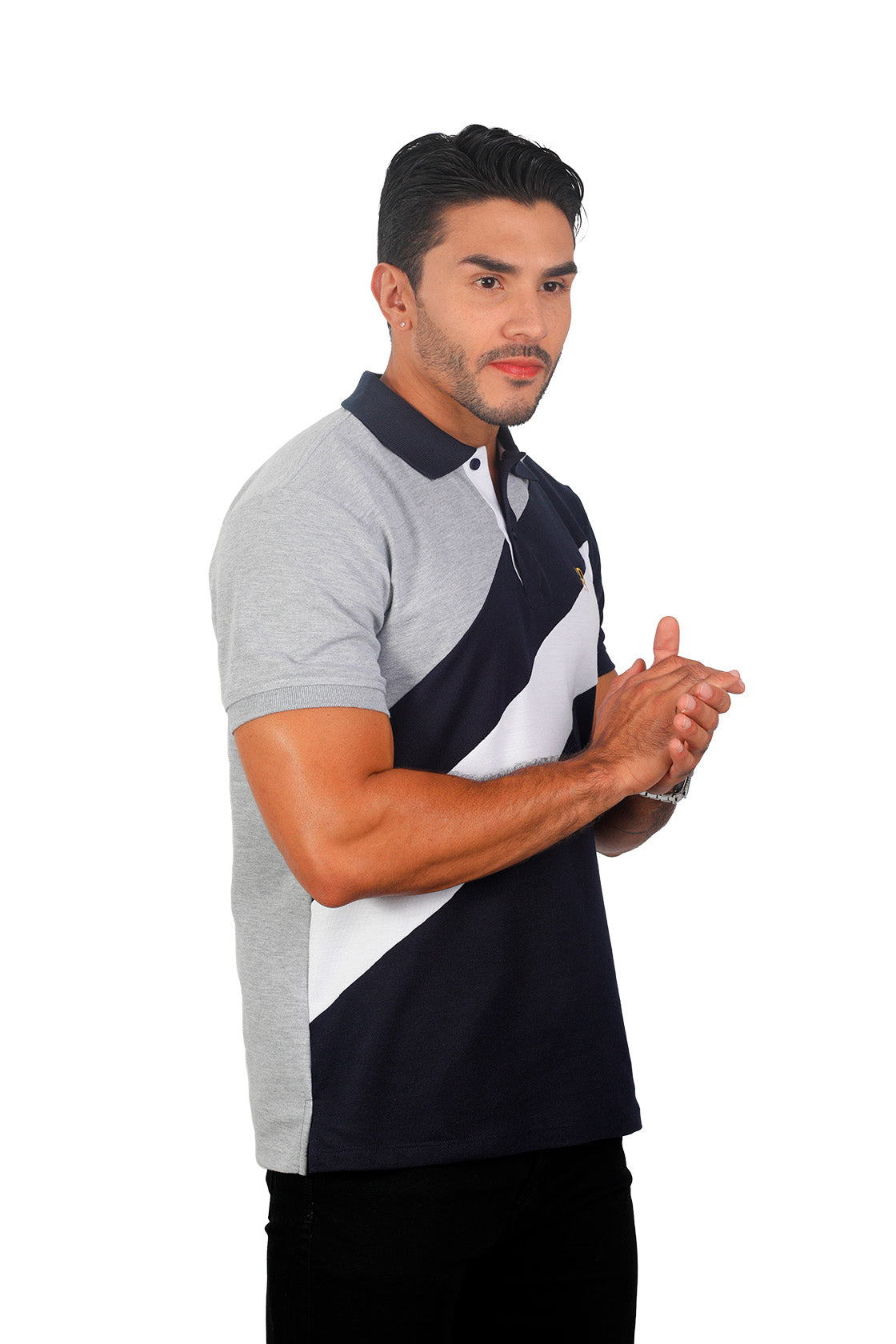 grupo luthier lado 2 Camiseta tipo polo combinada para hombre color jaspe azul oscuro blanco