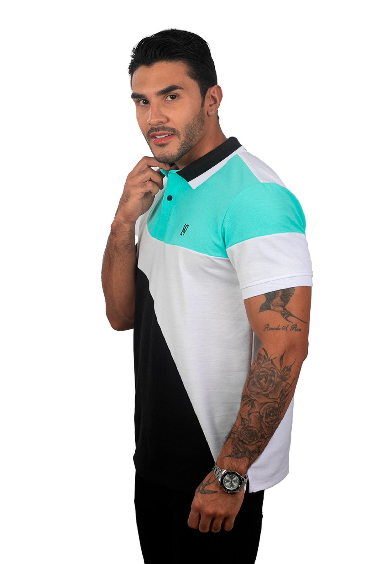 grupo luthier lado 2  Camiseta tipo polo combinada para hombre color menta blanco negro 