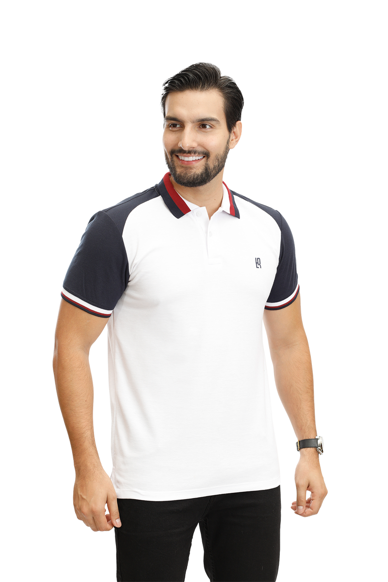 grupo luthier lado 2 camisetas tipo polo para hombre combinada color blanco azul oscuro 