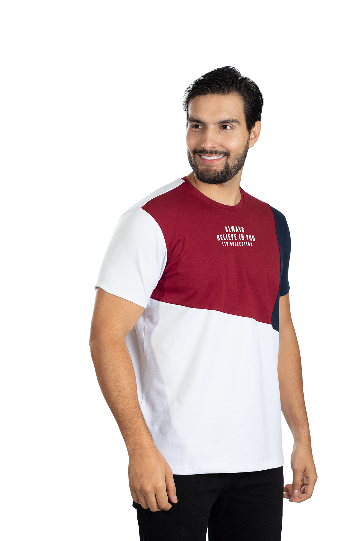 grupo luthier lado 3 Camiseta cuello redondo T-shirt para hombre combinada color Vinotinto azul oscuro blanco