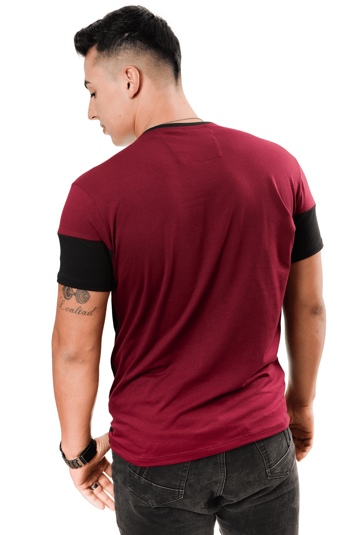 grupo luthier lado 3 Camiseta cuello redondo T-shirt para hombre combinada color Vinotinto negro