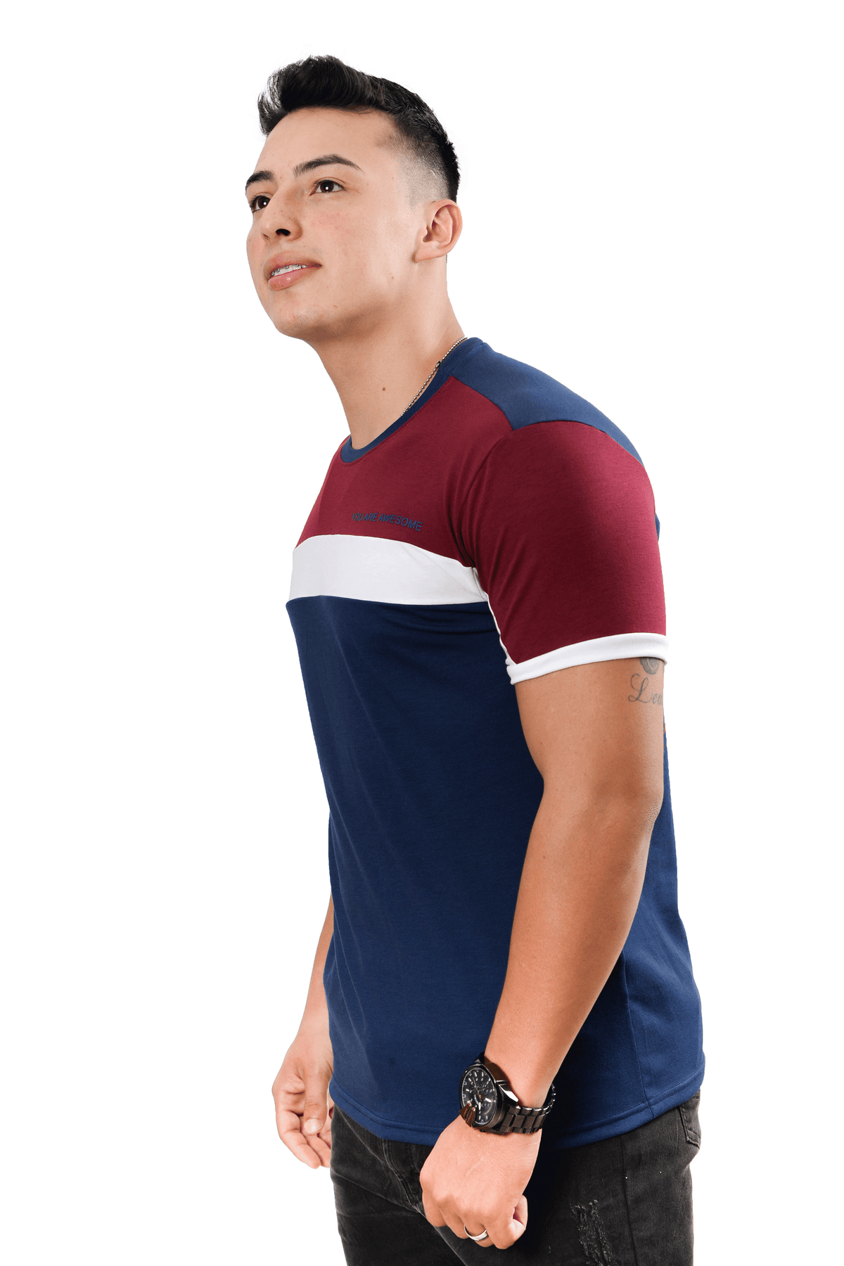 grupo luthier lado 3 Camiseta cuello redondo T-shirt para hombre combinada color azul oscuro Vinotinto blanco